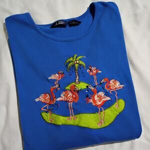 Christmas Shirt Women's 3X Flamingos Holiday Lights Plus size Tunic Royal Blue